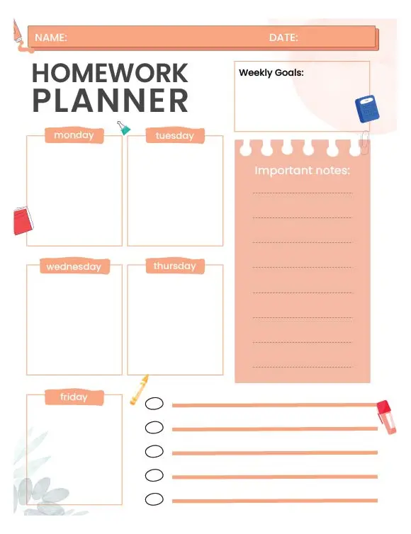 Back to school printable homework planner for second grade algebra activities Colorful printable homework planner worksheet for second graders to help organize assignments