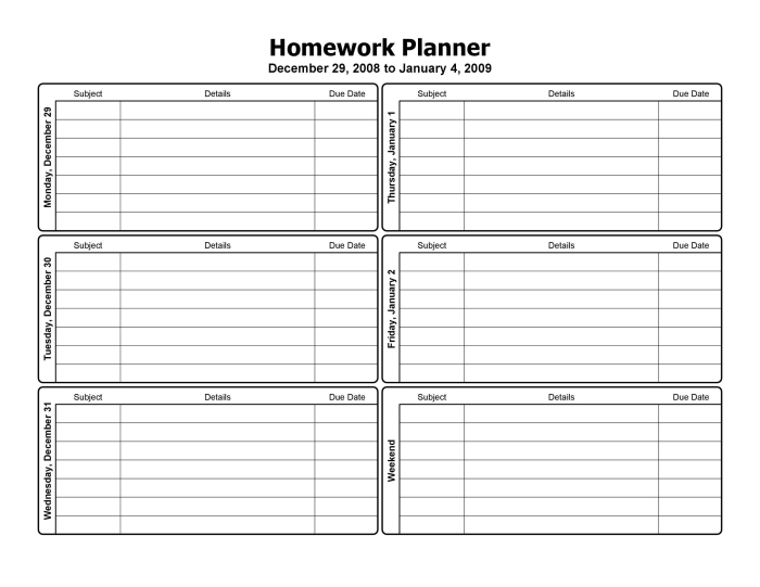 Image of a colorful weekly planner for organizing school assignments and activities Homework Planner worksheet designed for second graders to manage their weekly tasks