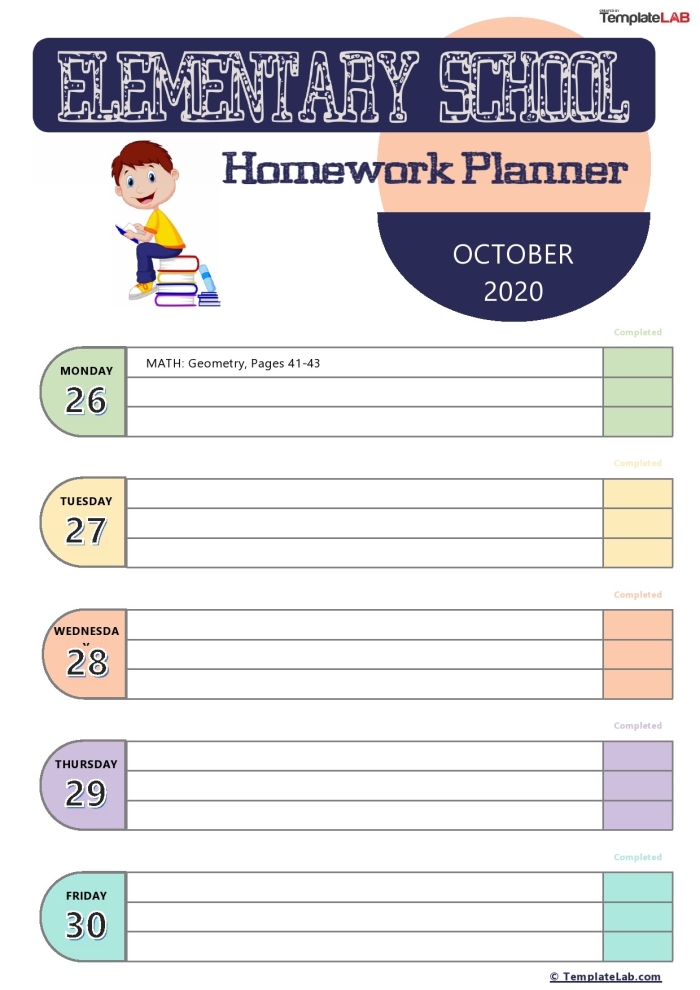 Weekly planner image designed for busy students as they prepare for back to school. Homework Planner worksheet for second graders to help manage their tasks.