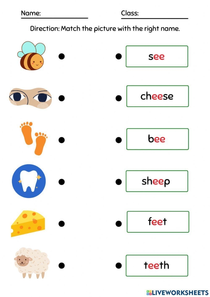 Worksheet featuring homophones "Ee" and "Ea" for second graders practicing rhyming skills