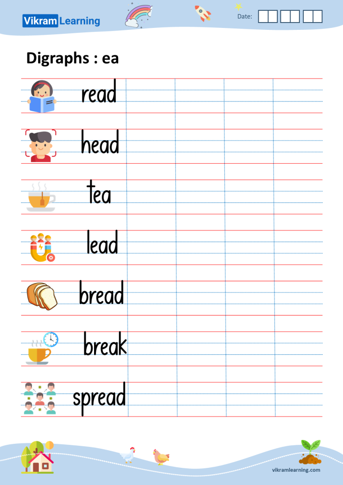 Worksheet featuring homophones with "Ee" and "Ea" for second graders