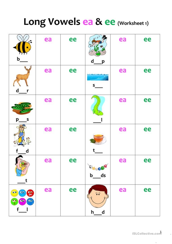 Worksheet featuring "Ee" and "Ea" homophones for second graders learning about rhyming words