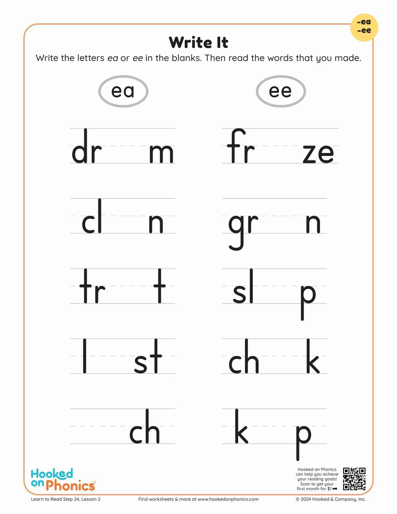 Worksheet featuring homophones with "Ee" and "Ea" for second graders