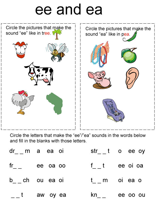 Worksheet illustrating "Ee" and "Ea" homophones for second graders