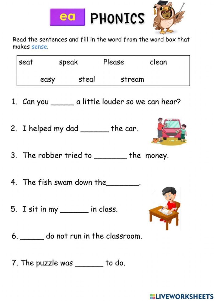 Worksheet focusing on homophones "Ee" and "Ea" for second graders