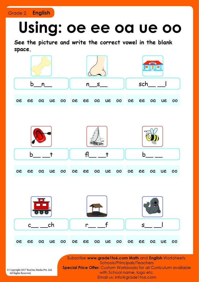 Worksheet on homophones focusing on "Ee" and "Ea" sounds for second graders