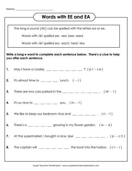 Worksheet featuring homophones with "Ee" and "Ea" for second graders