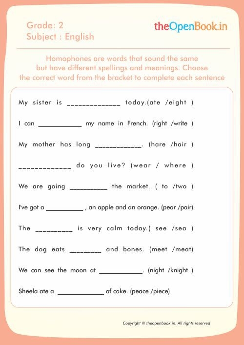 Second grade worksheet featuring a series of fill in the blank sentences to practice identifying common homophones