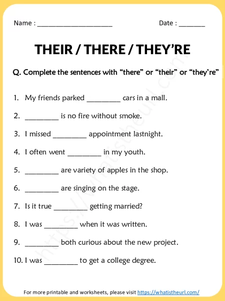 Second grade printable worksheet for practicing the difference between there their and theyre