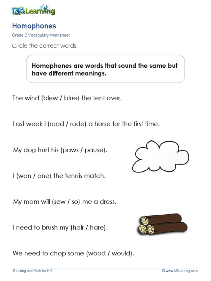 Second grade homophones worksheet showing sentences where students select correct homophone pairs to complete the activity