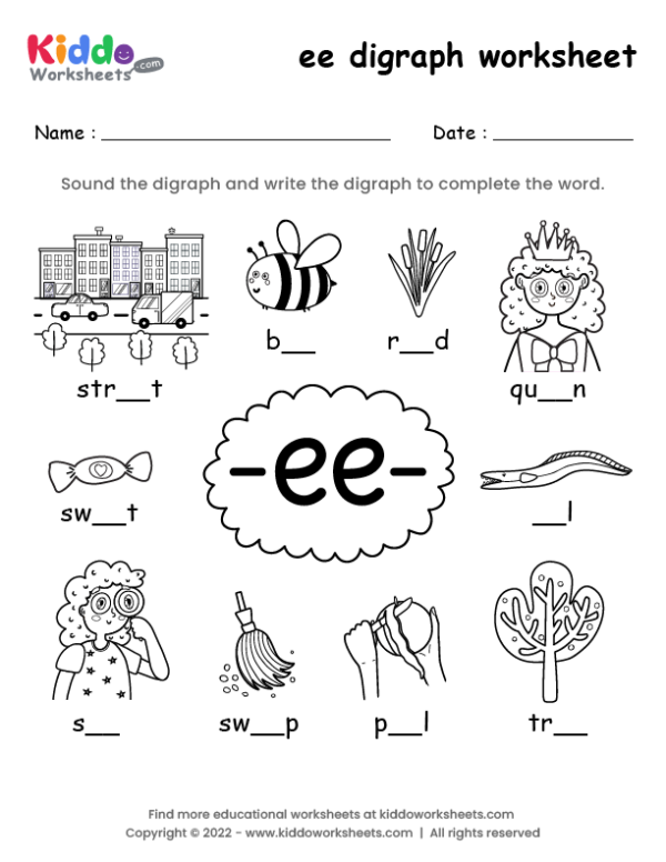 Worksheet featuring homophones "Ee" and "Ea" for second graders to practice their spelling skills