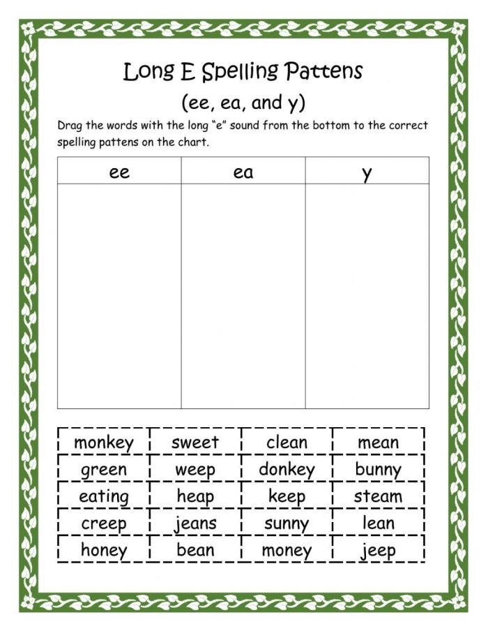 Worksheet focusing on homophones "Ee" and "Ea" for second graders learning rhymes