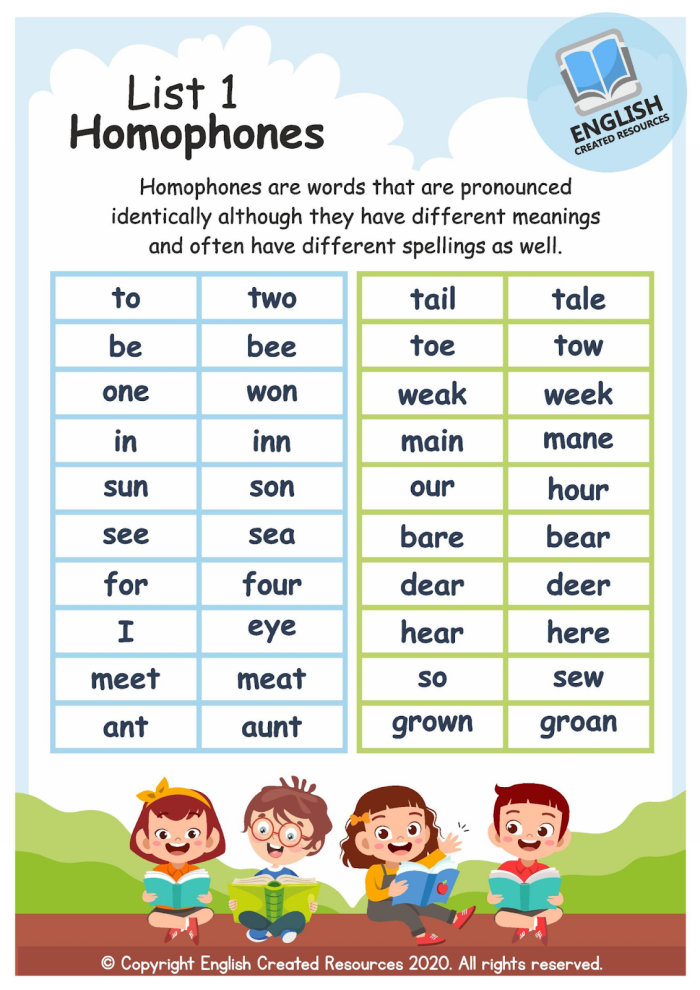 Second grade worksheet showing homophones exercise where students select correct same-sounding words to fill in sentence blanks