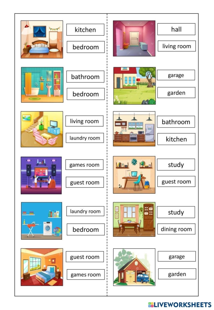 Worksheet on rooms in a house for second graders to enhance their vocabulary