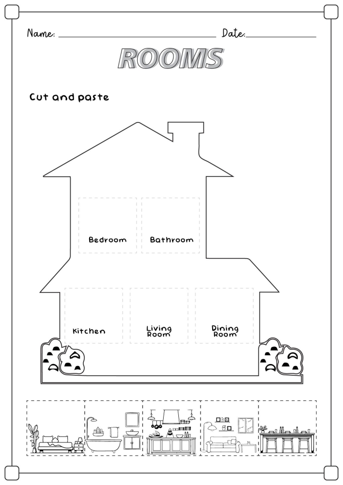 Worksheet for identifying rooms in a house with a word bank for second graders