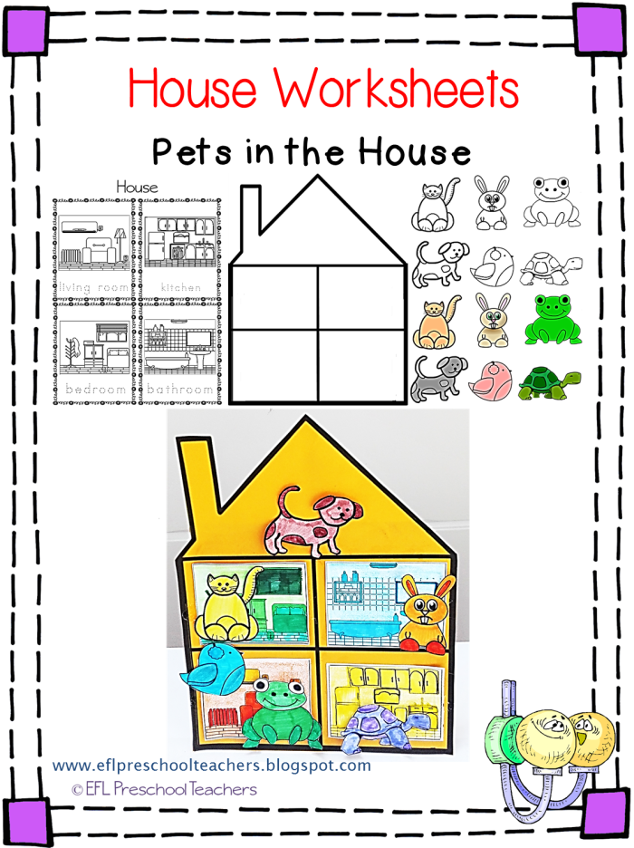Worksheet guiding second graders to identify rooms in a house using a word bank