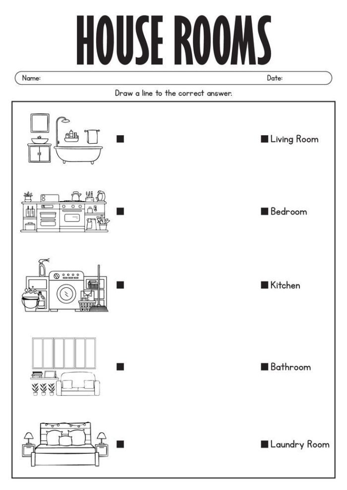 Worksheet for identifying rooms in a house with a word bank for second graders