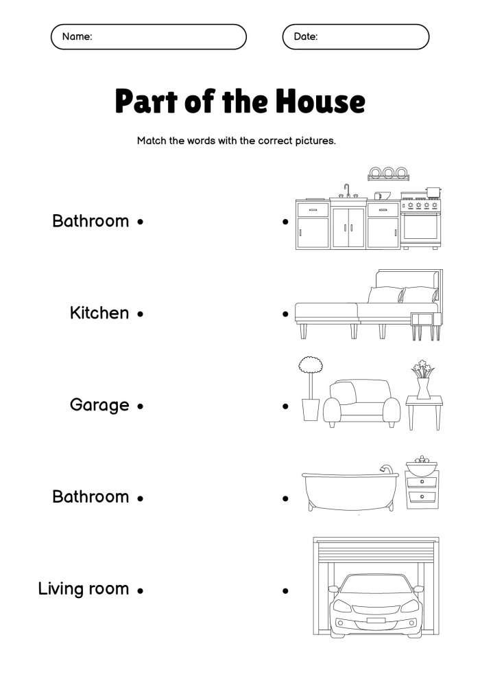 Colorful worksheet for second graders about rooms in a house with a word bank for filling in names. Educational activity to help children learn house vocabulary through engaging exercises.