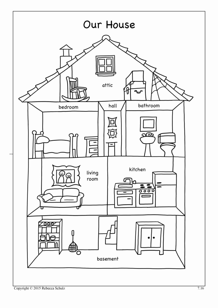 Worksheet for identifying rooms in a house with a word bank for second graders