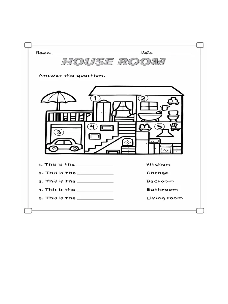 Worksheet for identifying rooms in a house with a word bank for kids