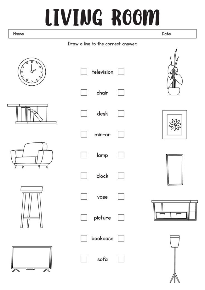 Worksheet for identifying rooms in a house designed for second graders
