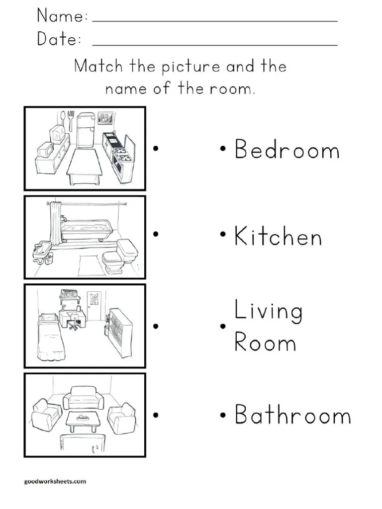 Worksheet for identifying rooms in a house with a word bank for filling in names