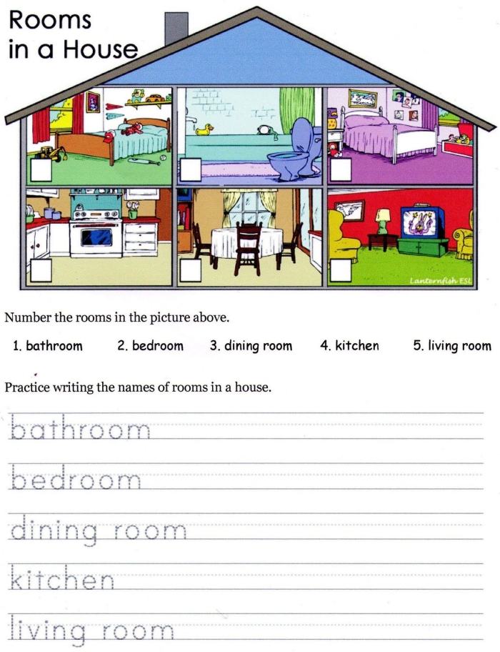 Worksheet for identifying rooms in a house with a word bank for second graders