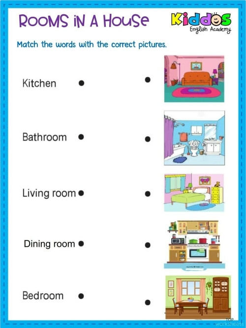 Worksheet for learning about different rooms in a house for second graders