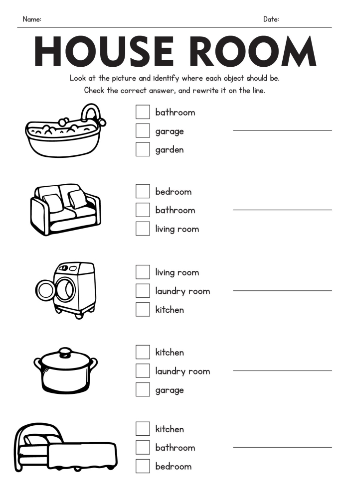Worksheet for identifying rooms in a house with a word bank for second graders