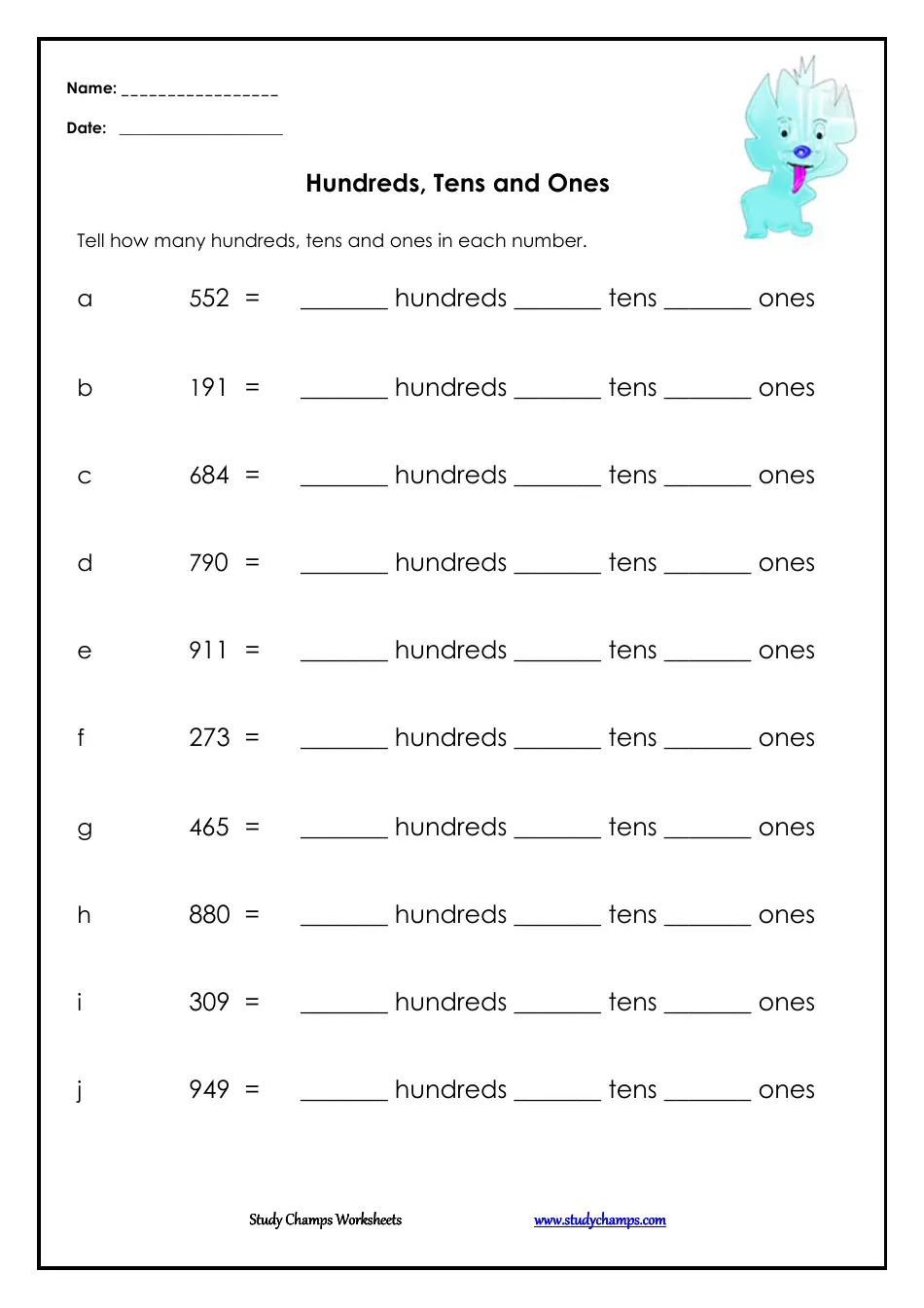 Second grade math worksheet featuring base ten blocks for practicing hundreds tens and ones