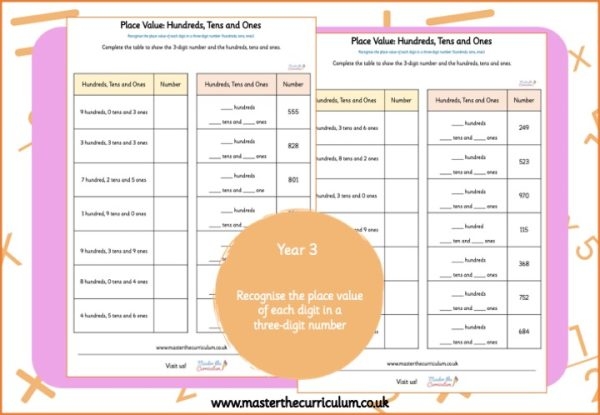 Second grade math worksheet featuring place value problems with hundreds, tens, and ones base ten blocks