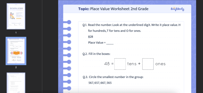 Second grade math worksheet featuring illustrations of base ten blocks for practicing hundreds tens and ones