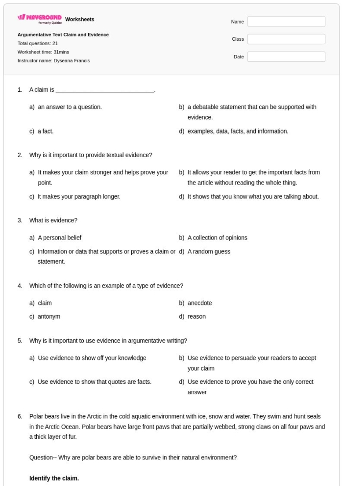 A second grade worksheet showing how to identify an author's claim, reasons, and supporting evidence from nonfiction texts with fill-in-the-blank sections and example passages