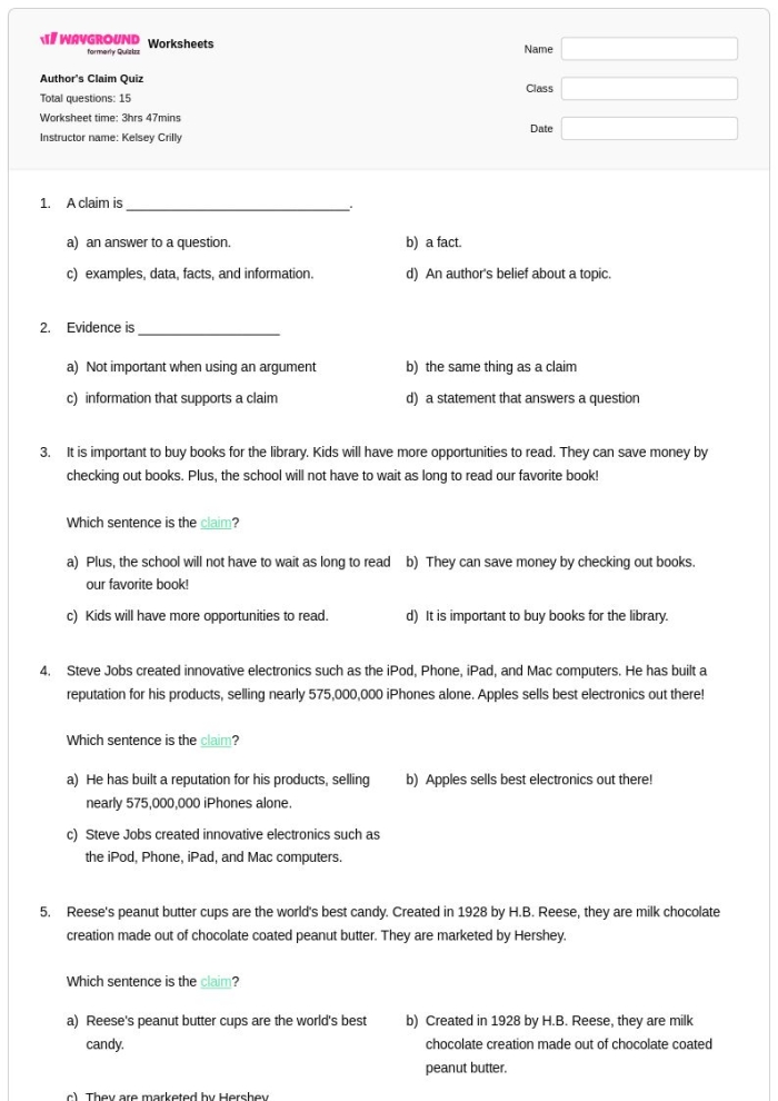 Second grade students analyzing nonfiction text to identify author's claim, supporting reasons, and evidence examples on a worksheet activity