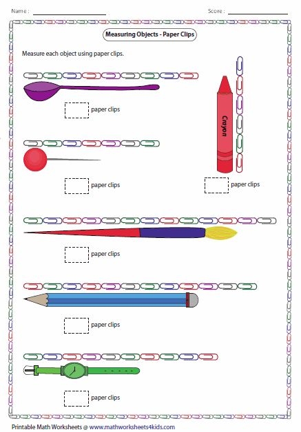 Worksheet featuring measurements in inches with familiar objects for practice
