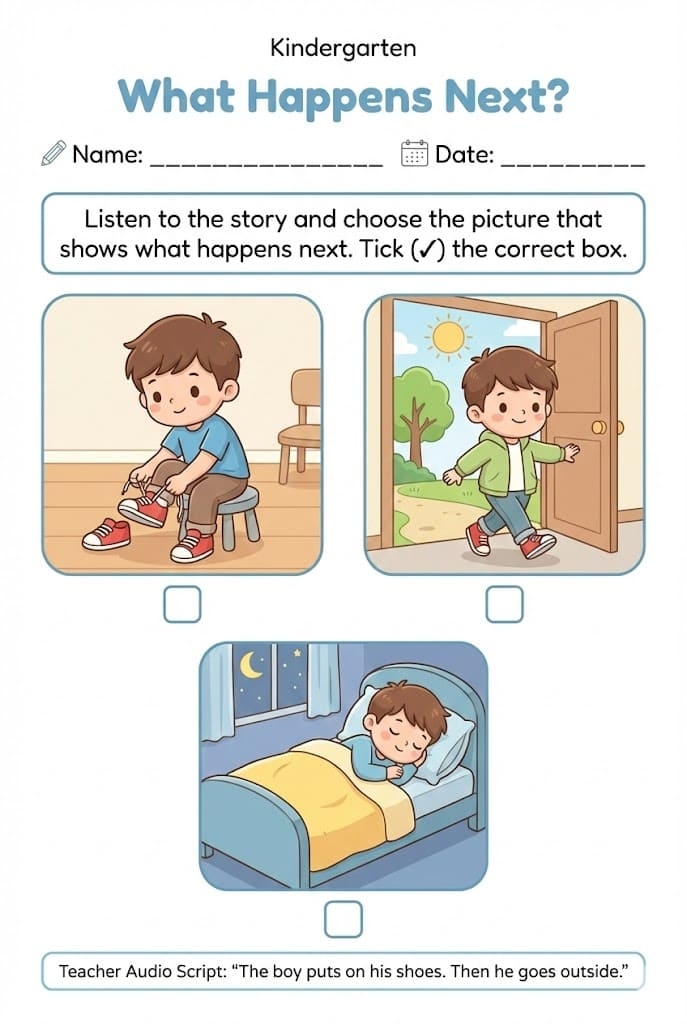 Second grade writing worksheet featuring a creative What Happened Next story prompt for developing inference skills