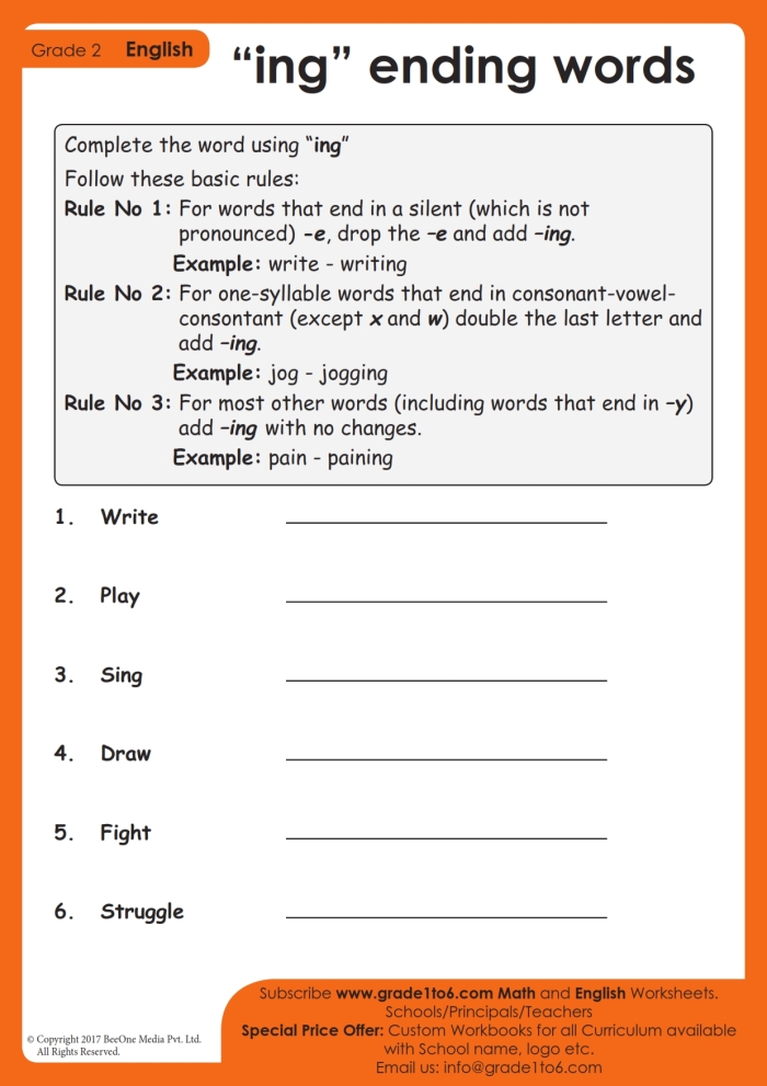 Present Progressive Tense Practice Activity for Young Learners Adding Ing Verb Endings Second grade student completing a verbs with ing worksheet by adding ing endings to action words in sentences about ongoing activities