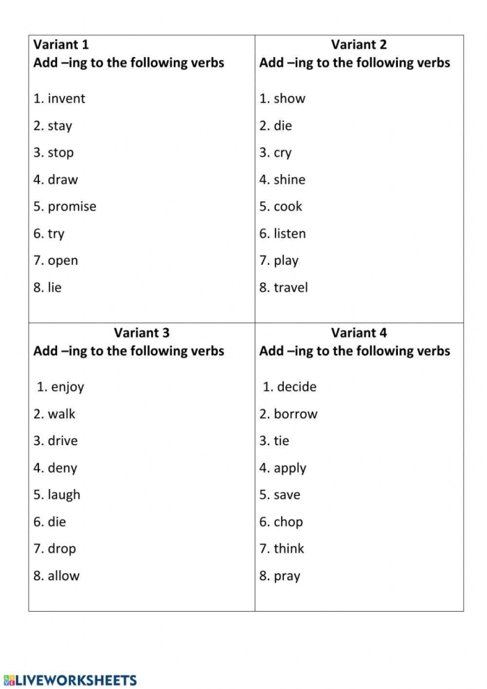 Verbs with ing worksheet for second grade phonics practice 19 Second grade phonics worksheet for practicing present progressive verbs by adding ing to base words