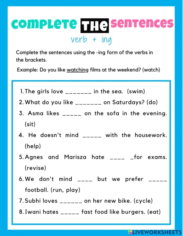 Verbs with ing Worksheet 13 Present Progressive Tense Activity Second grade student completing sentences with action verbs ending in ing for present progressive tense practice