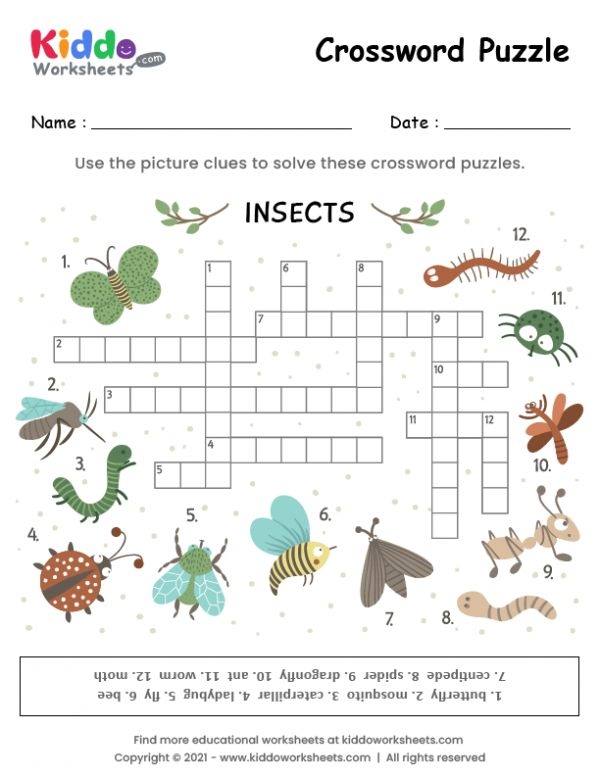 Spring Insects Crossword Worksheet Number 11 for Second Grade Science Second grade life science worksheet featuring an insect crossword puzzle for spring learning