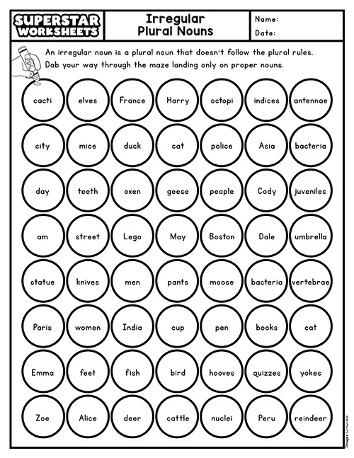 Irregular Plural Noun Match Worksheet for Second Grade Activity Two Second grade students matching irregular plural nouns on a printed worksheet