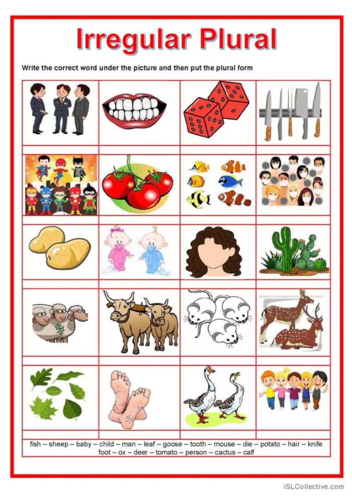 Irregular Plurals Practice 1 Worksheet for Second Graders Worksheet featuring students practicing irregular plurals by matching images to nouns