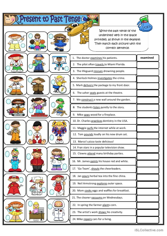 Present to Past Tense Verb Conversion Exercise 20 for Elementary Grammar Second grade grammar worksheet showing present tense verbs converted to past tense with letter blanks for irregular verb practice