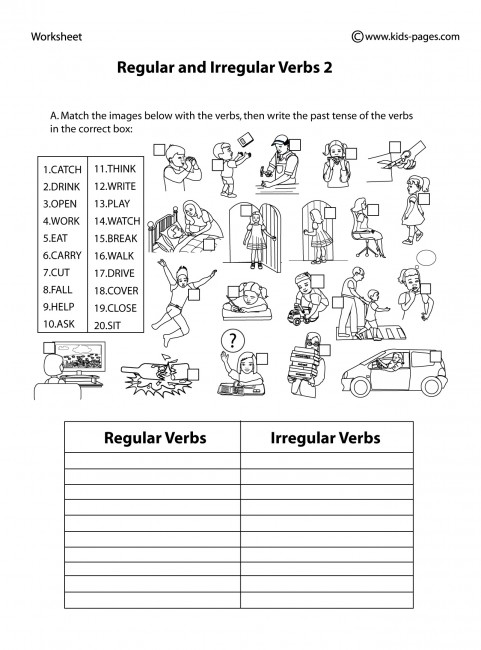 Second grade students practicing irregular past tense verbs with a matching activity worksheet