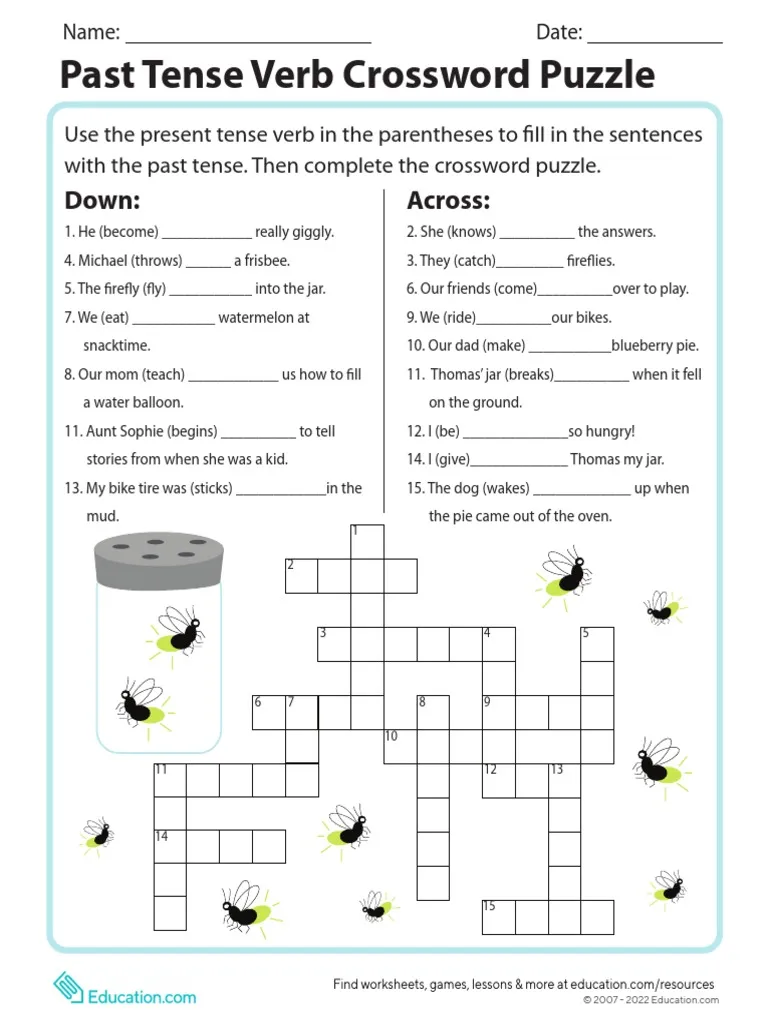Engaging past tense verb crossword puzzle for fun learning activities Crossword puzzle worksheet for practicing irregular past tense verbs aimed at second graders
