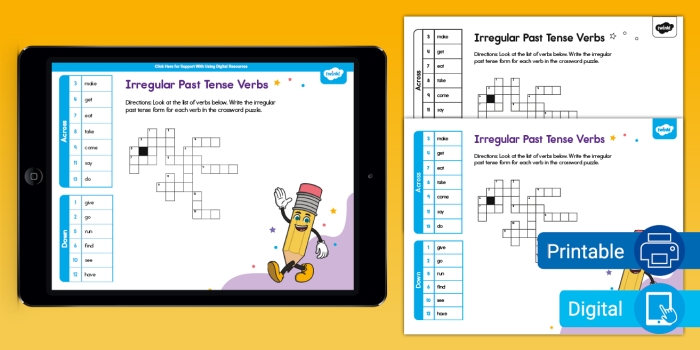 Engaging past tense verb crossword for reading practice in grade two Crossword puzzle worksheet for practicing irregular past tense verbs for second graders