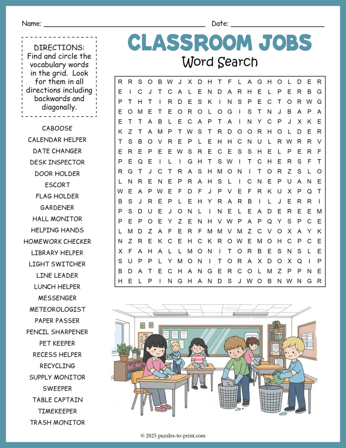 Second grade students searching for job-related words in a word search puzzle activity
