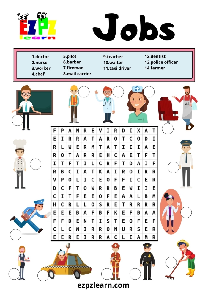 Second grade students searching for job-related words in a word search puzzle activity