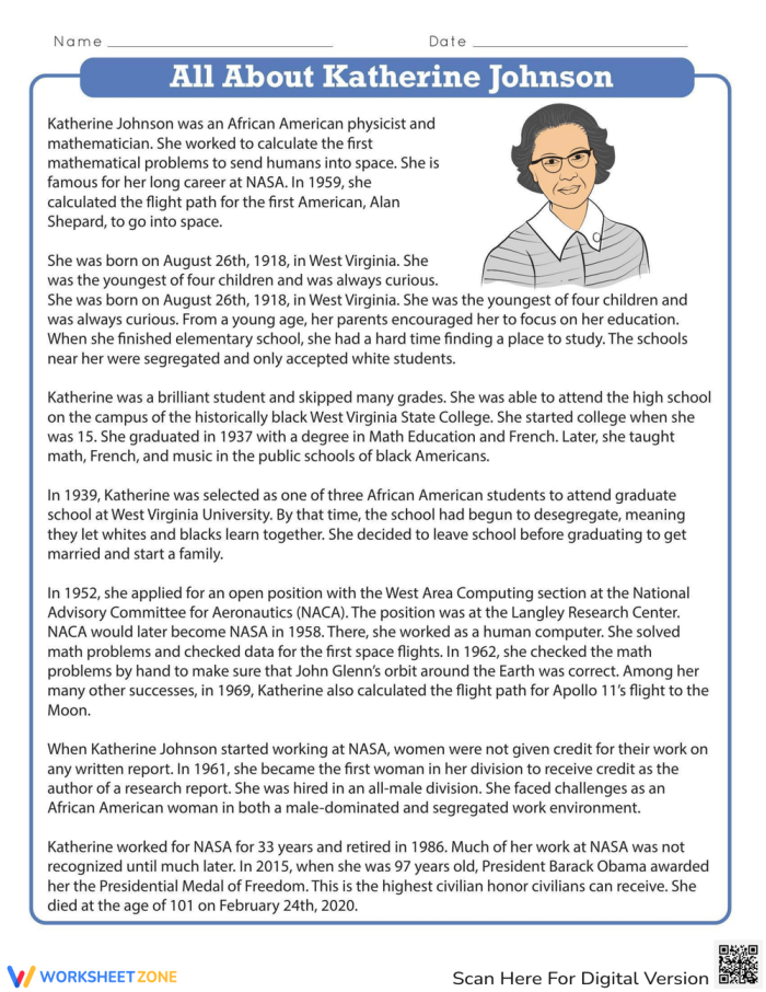 Second grade reading comprehension worksheet featuring a biography of mathematician Katherine Johnson for algebra study