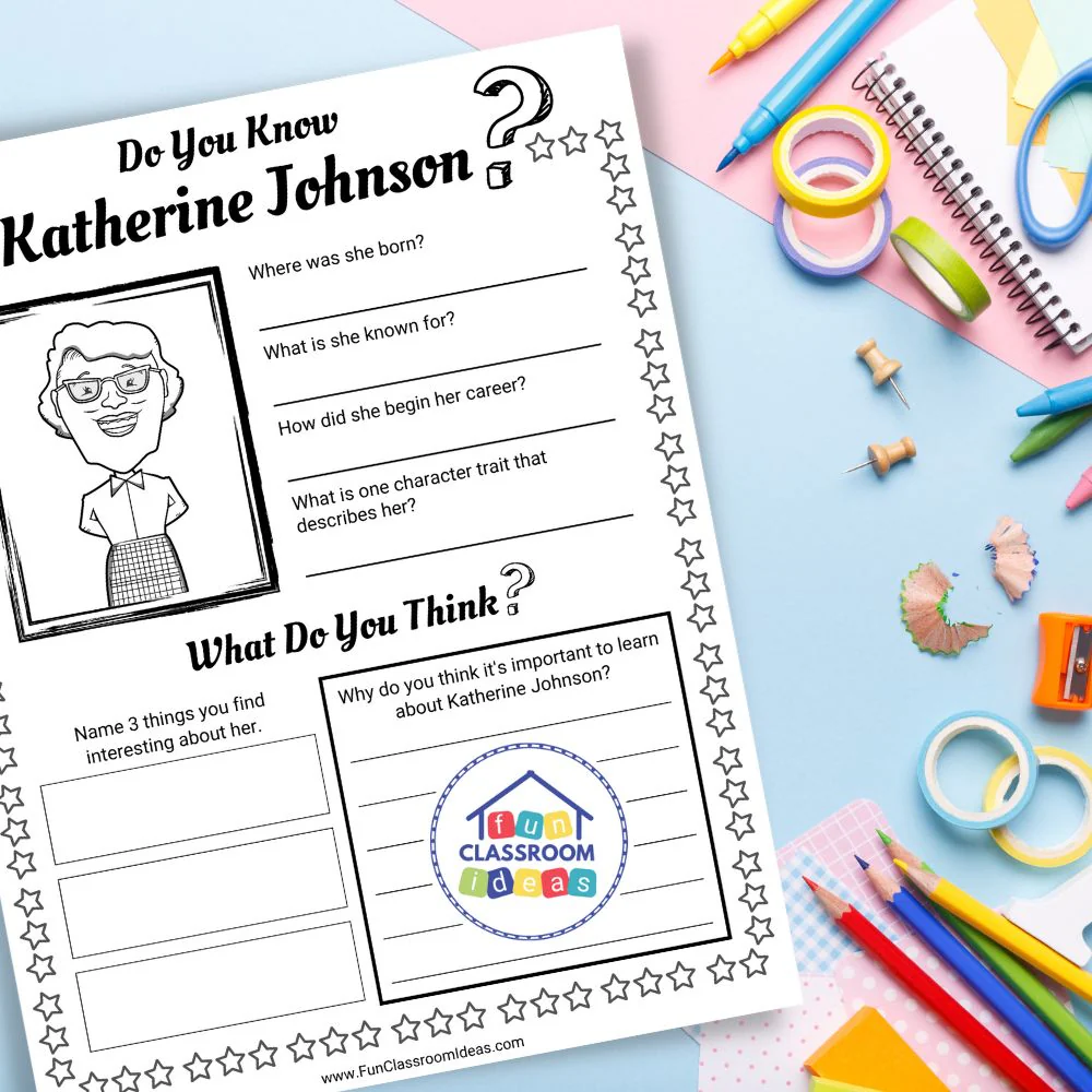 Second grade reading comprehension worksheet featuring a biography of mathematician Katherine Johnson for algebra studies